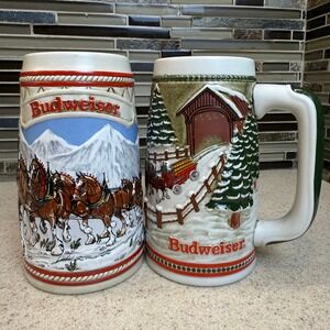VTG 1984 Budweiser Holiday Beer Stein Set of 2 Clydesdales 3D Ceramarte Brazil